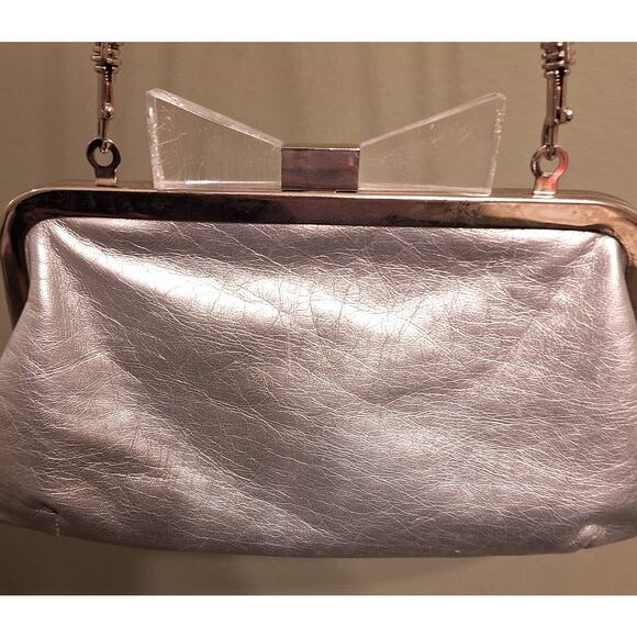 LULU TOWNSEND Silver Clutch Vintage W/Chain Strap Lucite Bow Clasp Closure - Picture 3 of 7